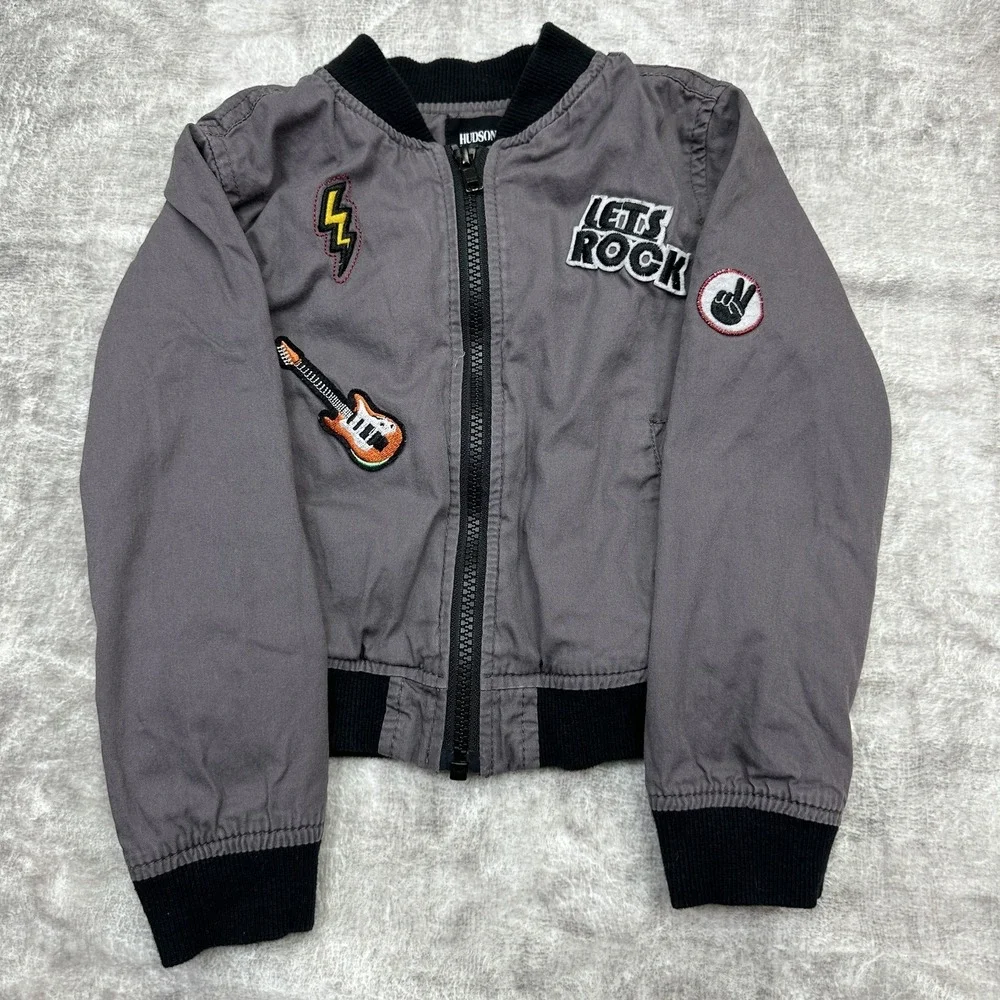 Hudson Jacket Boys 4T Gray Bomber Let's Rock Guitar Patch Lightning Youth